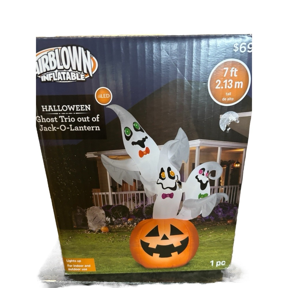 GEMMY 7ft Airblown Inflatable Halloween Ghost Trio‎ in Jack-o-Lantern